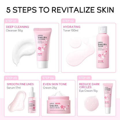 Sakura Skin Care Set Facial Cleanser Moisturizing Face Cream Sunscreen Hydrating Mask Toner Eye Cream Brightening Facial Serum